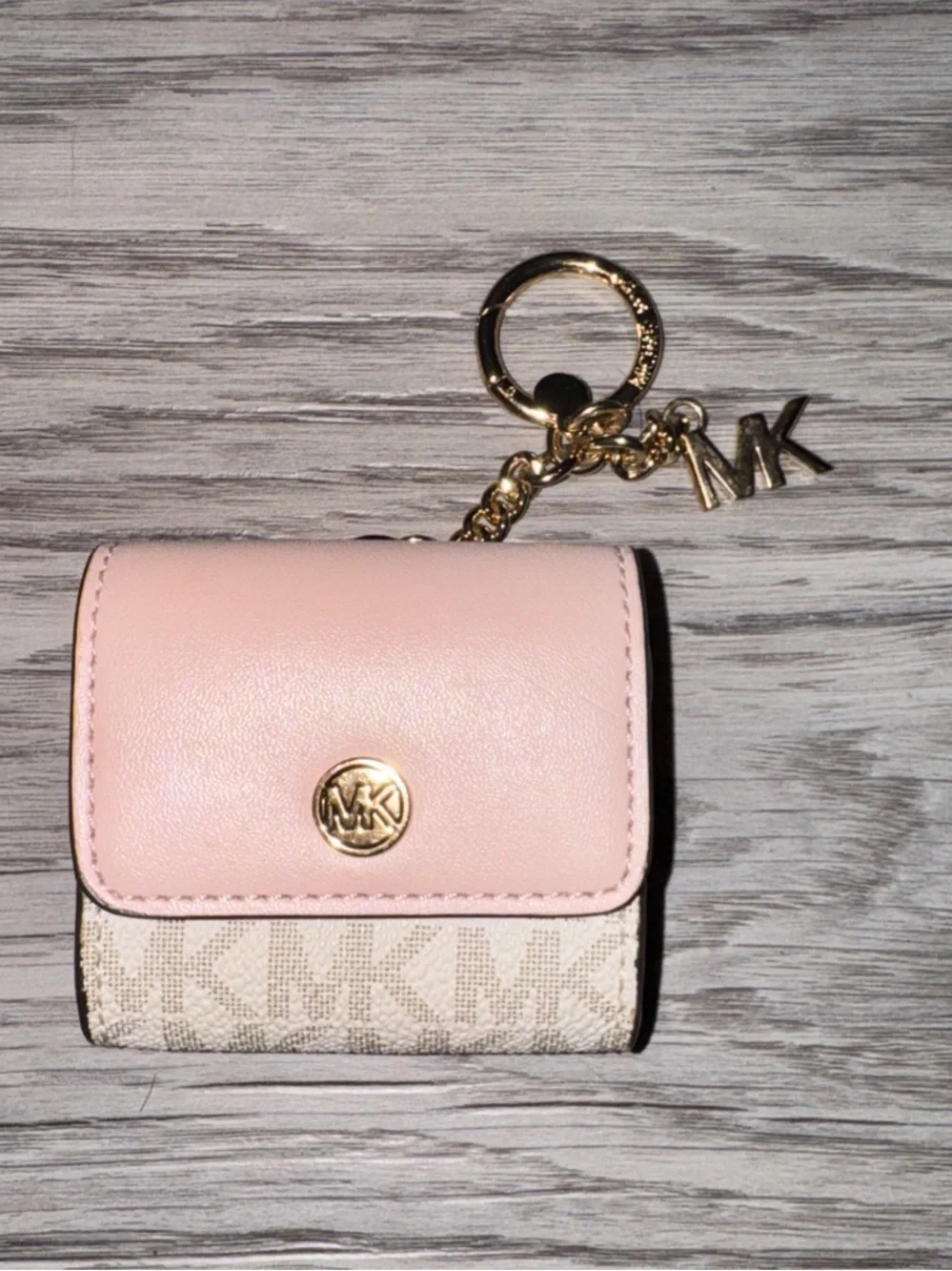 Michael Kors Pink Gold Monogram Leather AirPods Case Keychain